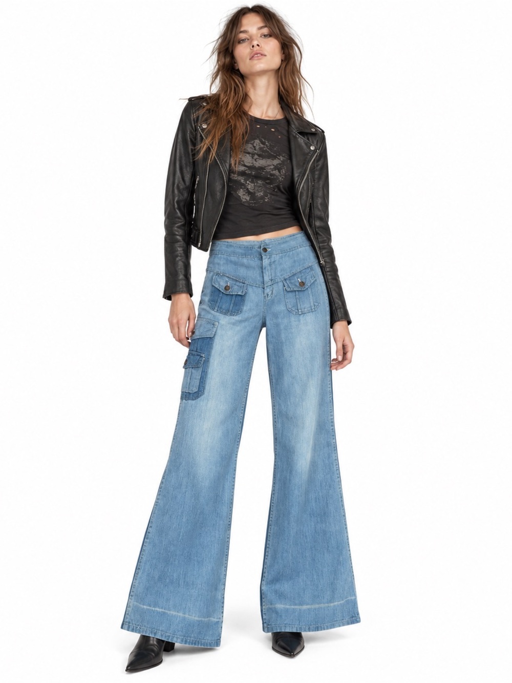 Vintage 70s Patchwork Cargo Jeans Size 4 High Rise Wide Leg Flare Two Tone